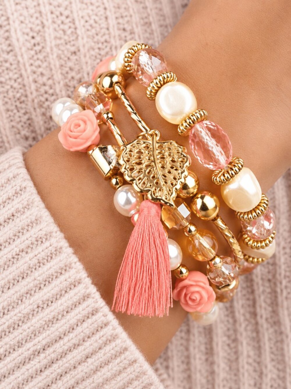 Boho Pearl Crystal Stacking Bracelet Set Pink Rose Gold Charm NWT